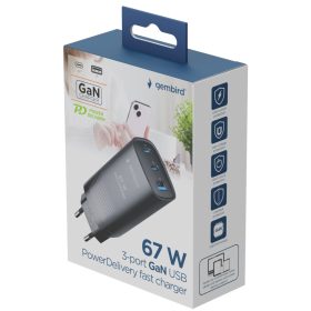   Telefon töltő 67W  1xUSB + 2xUSB-C Gembird GaN TA-UC-PDQC65-01-BK